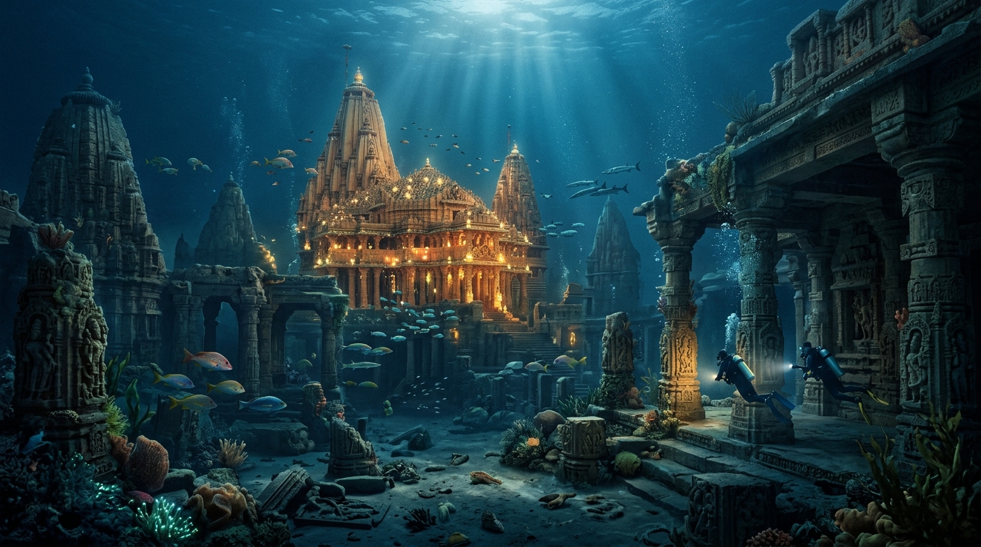 Collage of the submerged city of Dwarka — ancient temples beneath the sea and the golden city at dusk