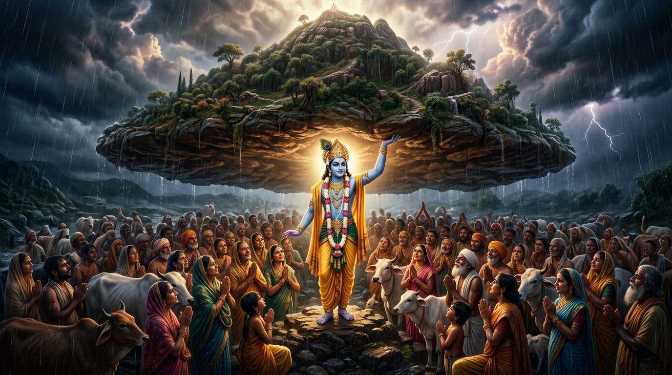 Collage of scenes from Govardhan Leela — Braj village life, Shri Krishna lifting Govardhan Parvat and the villagers sheltering beneath the mountain