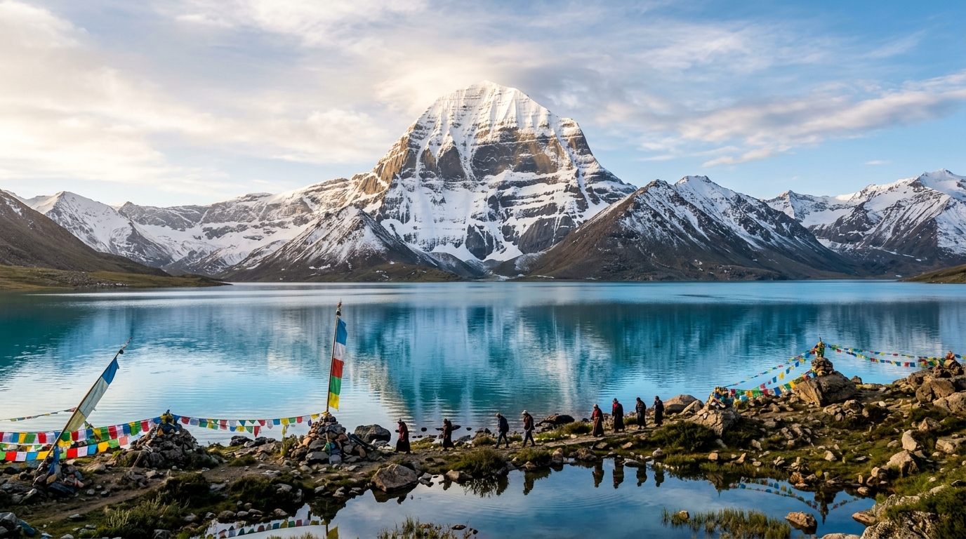 Collage of Mount Kailash, the Mansarovar waters and pilgrims walking the sacred parikrama